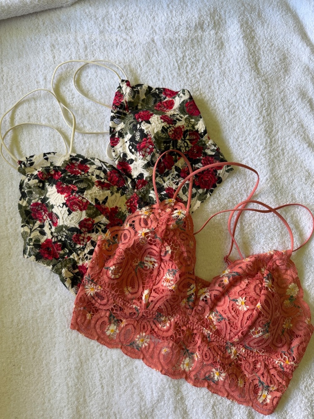 PINK Victoria's Secret Lace Bralette Duo - Coral and Cream with Red Floral